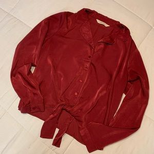 Silky Maroon Tie Front Blouse